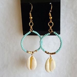 Womens blue beads with shells hook earrings